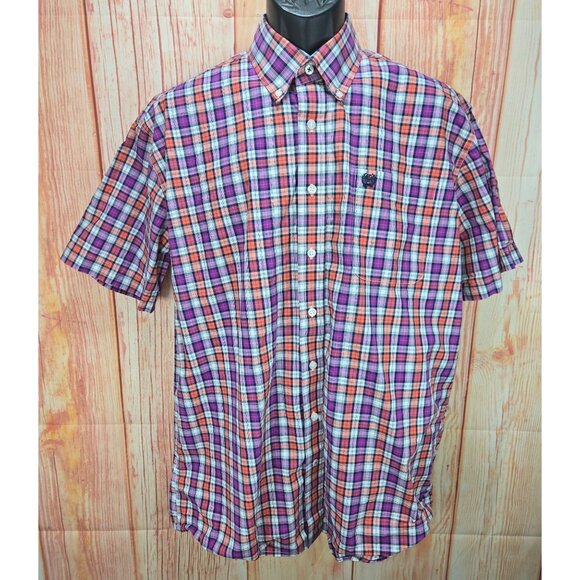 Cinch Mens Plaid Short Sleeve Button-Down Shirt Medium Orange Purple - Picture 1 of 7